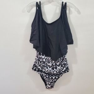NWT Bloomchic Swimsuit Geometric Patchwork Black White One Piece Size 10